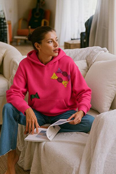 GZ Design Colorful Bonibon Embroidered Pink Oversized Hooded Sweatshirt