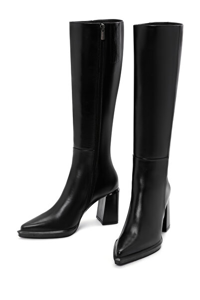 Derimod Women's Black Zippered Thick Heeled Leather Boots 25Wfd131618