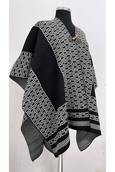 Onur Ψάθινο μοτίβο Τιρίκο Παντσό Χοντρό χειμωνιάτικο νέο προϊόν με κουμπιά Άνετο στη χρήση Ποιοτικό (Μαύρο-άσπρο)