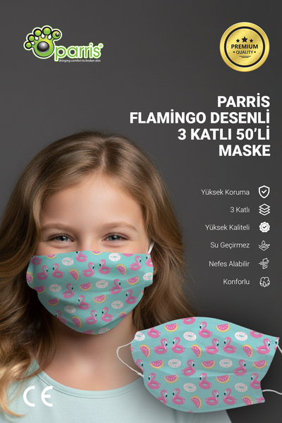 Flamingo Desenli Filtreli 3 Katlı 50'li Kutu Telli Cerrahi Çocuk Maskesi