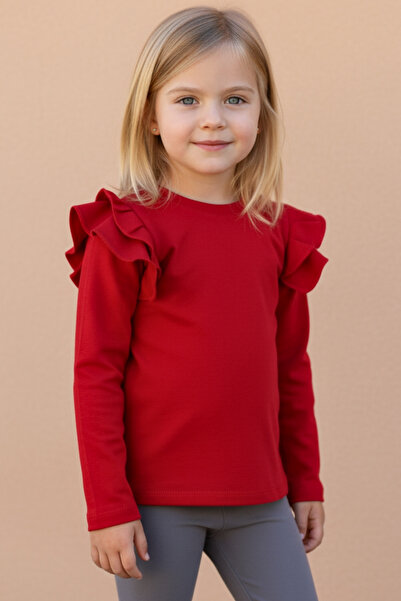 Parla Kids Girl's Red Shoulder Ruffled Crew Neck Christmas Body Sweatshirt