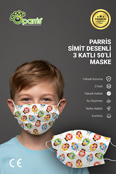 Parris Simit Desenli Filtreli 3 Katlı 50'li Kutu Telli Cerrahi Çocuk Maskesi