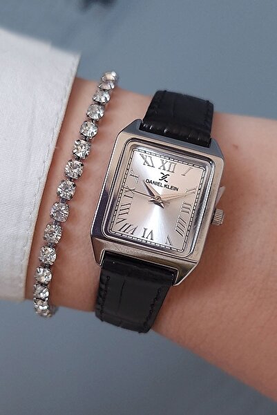 Daniel Klein Roma Rakamlı Dikdörtgen Kasa Siyah Deri Kayışlı Kadın Kol Saati, Taşlı Bileklik Hediyeli