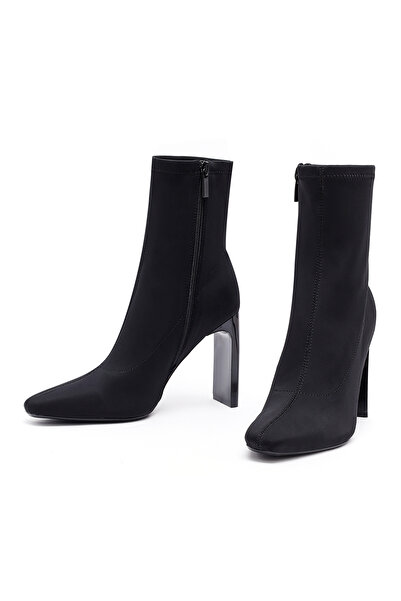 Derimod Kadın Siyah Fermuarlı Yüksek Kalın Topuklu Kumaş Bot 25AFD44046F