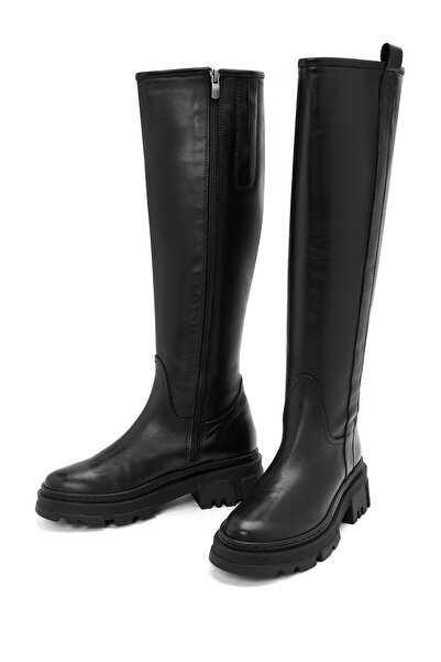 Derimod Women's Black Zippered Thick Soled Leather Boots 25Wfd201218