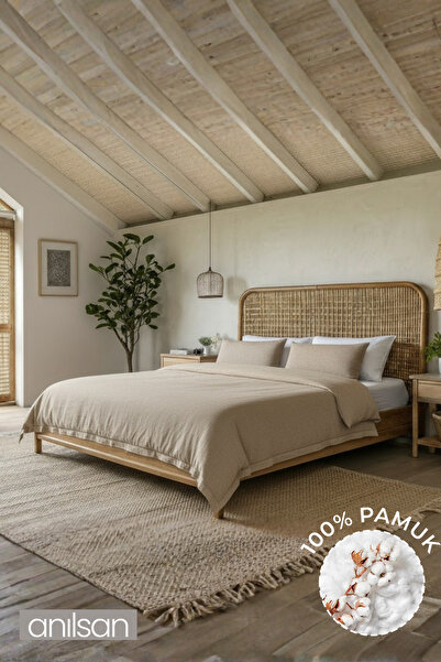 Anılsan Set de lenjerie de pat dublu Ranforce, bej simplu, bumbac 100% (husă de pilota + husă de pernă)