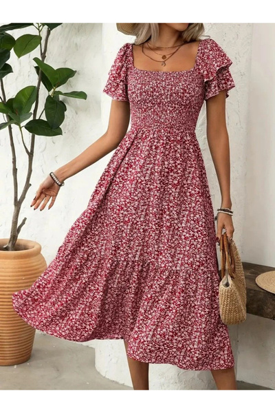 novafems Women's Short Sleeve Gipe Detailed Patterned Midi Single Jersey Dress