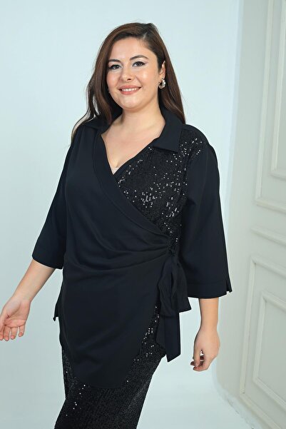 By Saygı Γυναικεία μπλούζα με διπλό λαιμόκοψη πόλο με παγιέτες στο πλάι και κορδόνια στο πλάι από κρεπ σιφόν μεγάλου μεγέθους