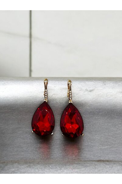 FUYA JEWELLERY Yakut (KIRMIZI) Kristal Damla Taşlı Küpe