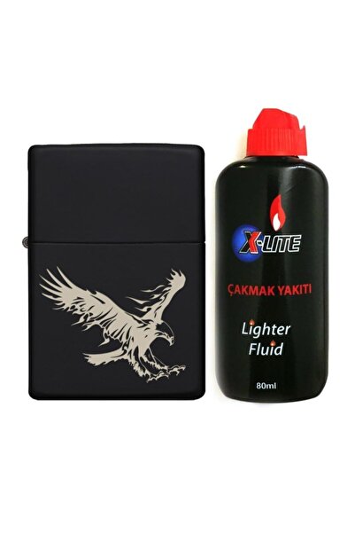 Atomic Siyah Kartal Tasarımlı Benzinli Çakmak ve 80 ml Yakıt Seti 15485