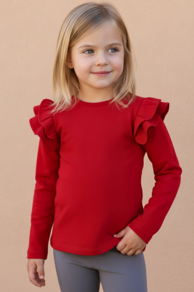 Parla Kids Girl's Red Shoulder Ruffled Crew Neck Christmas Body Sweatshirt