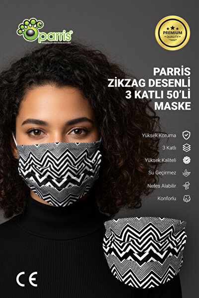 Parris Siyah Beyaz Zikzak Desenli Filtreli 3 Katlı 50'li Kutu Telli Cerrahi M...