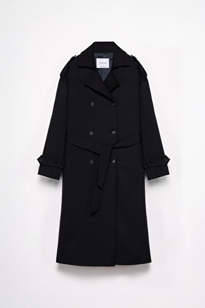 Thalure Kadın Lacivert Kemerli Uzun Trençkot