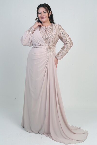 By Saygı Women's Top with Sequin-Beading Embroidered Lining Waist with Flowers Large Size Long Chiffon Dress