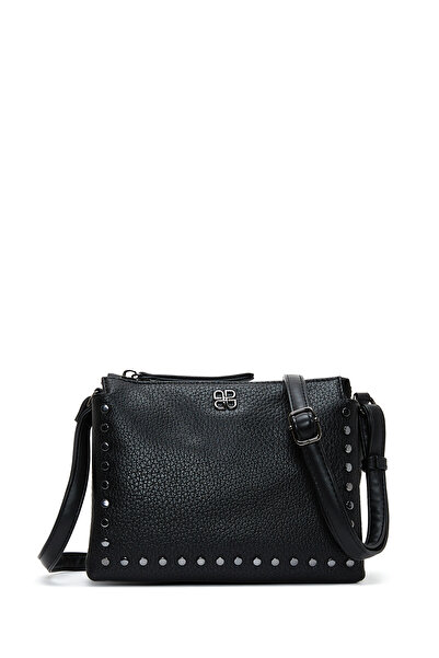 Derimod Geantă neagră pentru femei, cu curea lungă, cu detalii metalice, 25WBD2467FT