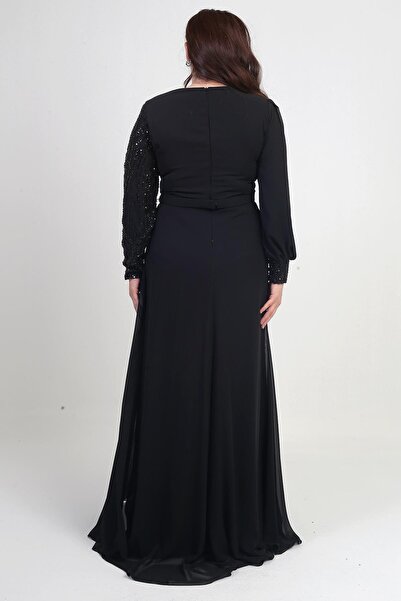 By Saygı Women's Top with Sequin-Beading Embroidered Lining Waist with Flowers Large Size Long Chiffon Dress