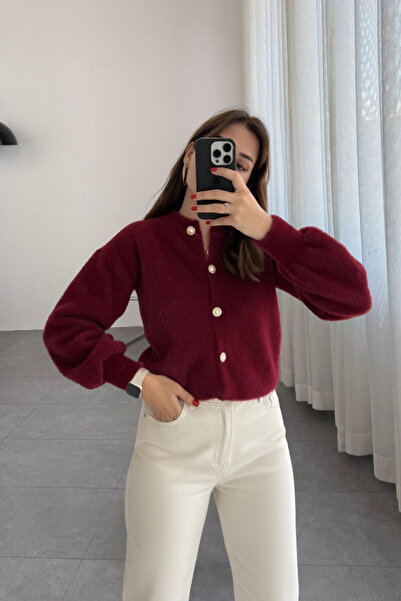 Le Savu Shilsee Women's Pearl Buttoned Yumoş Bordo Tri̇ko Cardigan