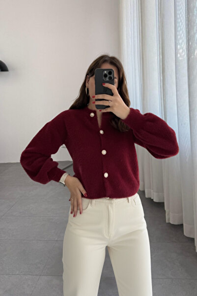 Le Savu Shilsee Women's Pearl Buttoned Yumoş Bordo Tri̇ko Cardigan