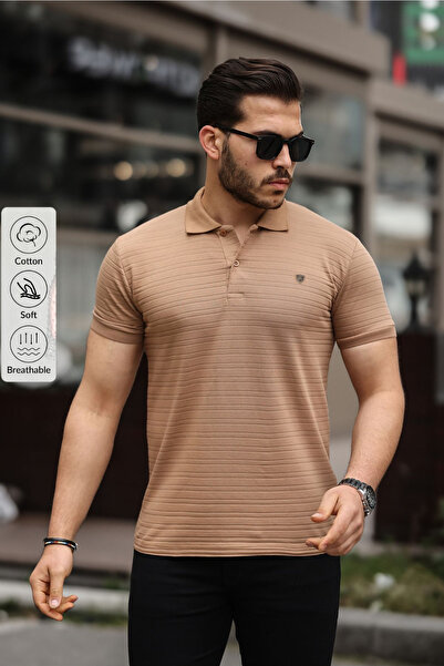 COMBİNE MİCHAİL تي شيرت رجالي من نسيج القطن غير قابل للسحب بقصة ضيقة من الكراميل غير قابل للتجعيد بياقة بولو