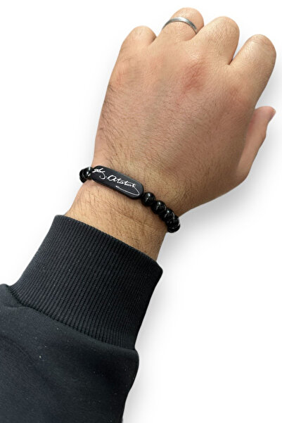 Takı Dükkanı K. Atatürk İmzalı Parlak Siyah Boncuk Taşlı Erkek / Bileklik bbb19ip