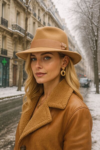 MARBERRY Camel Metal Button Detailed Panama Sombrero Hat