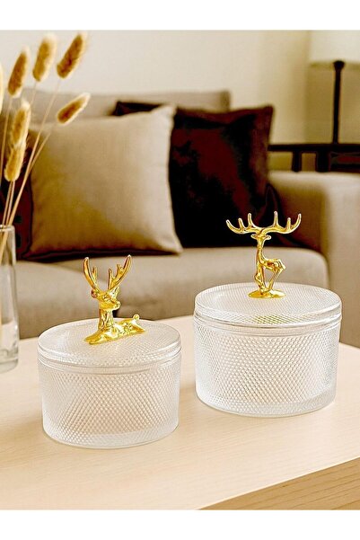 morponi Geyik Detaylı Gold Renk Yuvarlak 2'li Cam Şekerlik Takımı