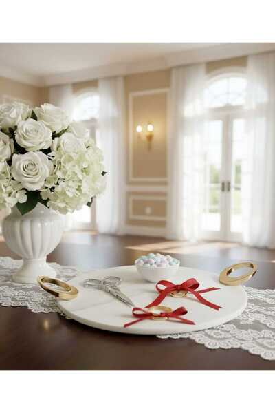 FARALYAHOME Marble 28 cm Round Decorative Promise Engagement Tray-Presentation Tray -Decor Tray White-Engagement Ring Gold