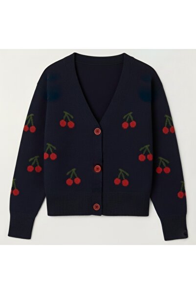 FLEX FASHION Tricotaj pentru femei TREND POPULAR CHERRY DETALIATE ALBASTRU ÎNCHIS Cardigan