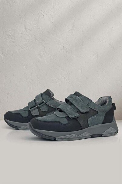 Rakerplus Dark Gray and Black KidsSneakers- Genuine Leather, Velcro Sneakers