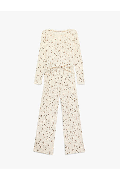 Koton Pamuklu Uzun Kollu Bisiklet Yaka Fiyonklu Pijama Takımı