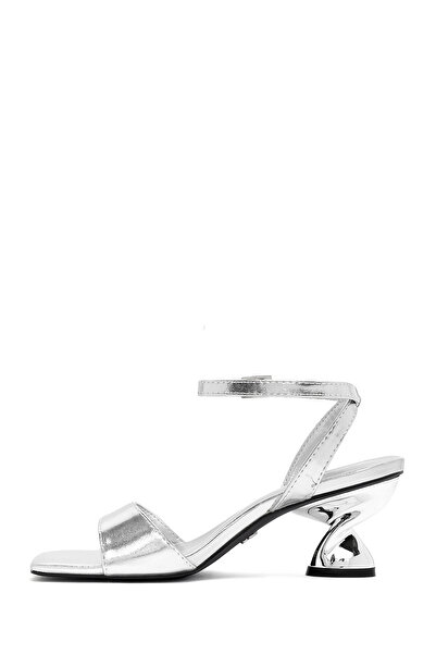 Derimod Women's Silver Ankle Buckle Thick Heeled Evening Dress Shoes Metallic Sandals 25Sfe451632