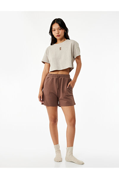 Koton Kısa Kollu Bisiklet Yaka Ayıcık İşleme Detaylı Crop Pijama Üstü