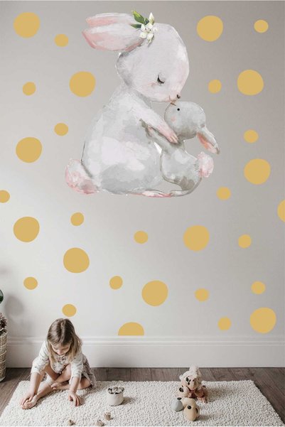 TUGİBU Rabbit and Gold Polka Dots Baby Room Sticker Set, Mother and Baby Rabbit Sticker Set