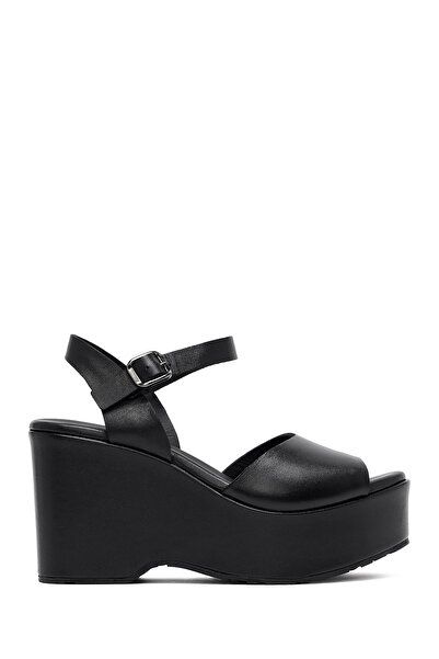 Derimod Women's Black Ankle Buckle High Wedge Heeled Leather Sandals 25Sfd141118