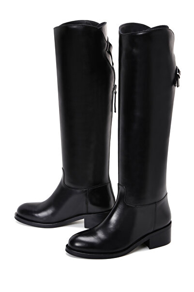 Derimod Women's Black Zippered Buckle Detailed Leather Boots 25Wfd100318