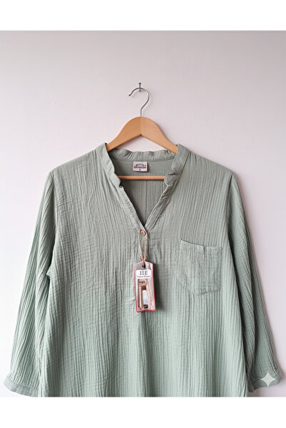 Namaste Vintage Mint Color V-Neck Button-Down Muslin Shirt (100% Cotton)
