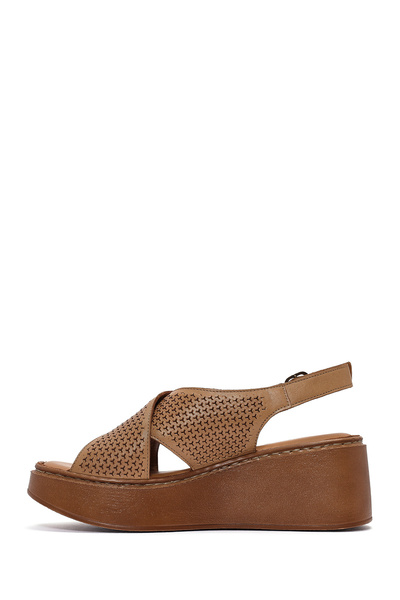 Derimod Women's Tan Ankle Strap Printed Wedge Heeled Shoes Leather Comfort Sandals 25Sfd342126