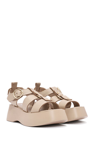 Derimod Women's Beige Ankle Strap Thick Soled Leather Sandals 25Sfd153018