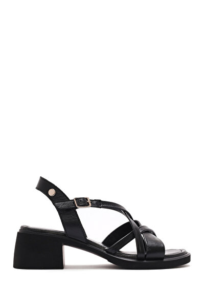 Derimod Women's Black Ankle Buckle Short Thick Heeled Leather Sandals 25Sfd131018