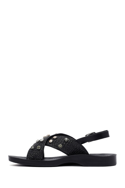 Derimod Women's Black Stone Straw Sandals 25Sfe4648M7