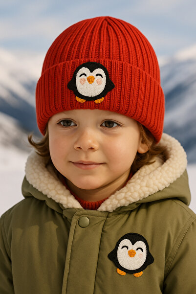 byebruketenci Beretă pentru copii cu figurină de pinguin din lână roșie - Det...