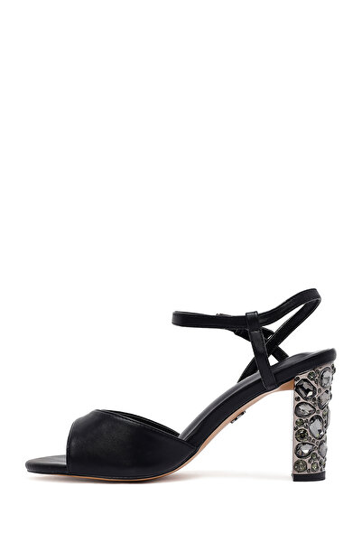 Derimod Women's Black Ankle Buckle Metallic Thick Heeled Sandals 25Sfe466932