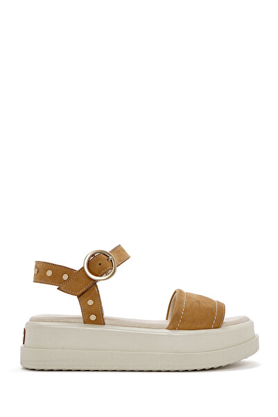 Derimod Women's Tan Ankle Buckle Thick Soled Nubuck Genuine Leather Sandals 25Sfd2015V3