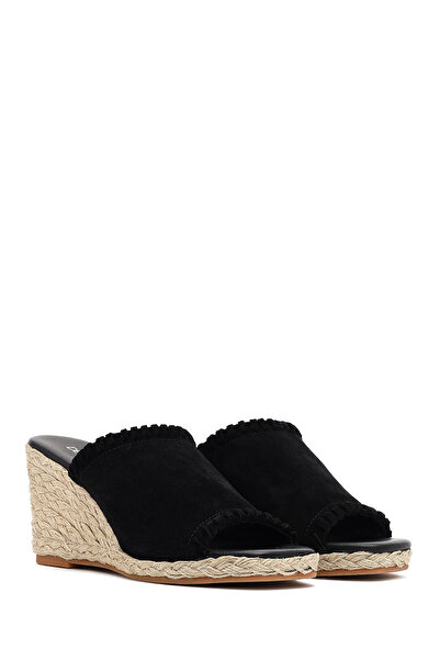Derimod Kadın Siyah Dolgu Topuklu Süet Deri Espadril Terlik 25SFD150510