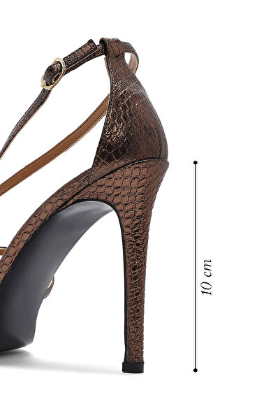 Derimod Women's Bronze Ankle Strap Patterned High Thin Heeled Leather Shoes 25Sfd1612My
