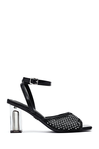 Derimod Kadın Siyah Bilekten Tokalı Taşlı Şeffaf Kalın Topuklu Ayakkabı Sanda...