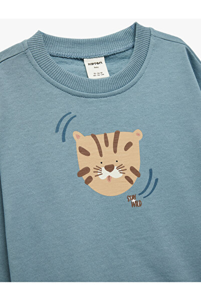 Koton Pamuklu Uzun Kollu Bisiklet Yaka Kaplan Baskılı Oversize Sweatshirt