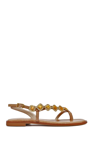 Derimod Women's Tan Stone Flip Flops Genuine Leather Sandals 25Sfd483114