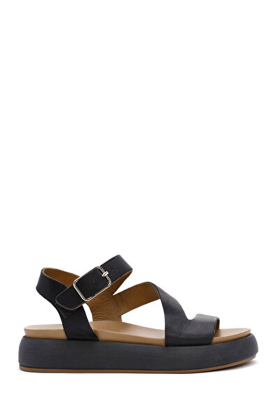 Derimod Women's Black Ankle Strap Thick Soled Genuine Leather Sandals 25Sfd550018