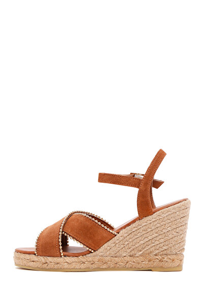 Derimod Women's Tan Ankle Strap Wedge Heeled Shoes Suede Leather Espadrille Sandals 25Sfd205910